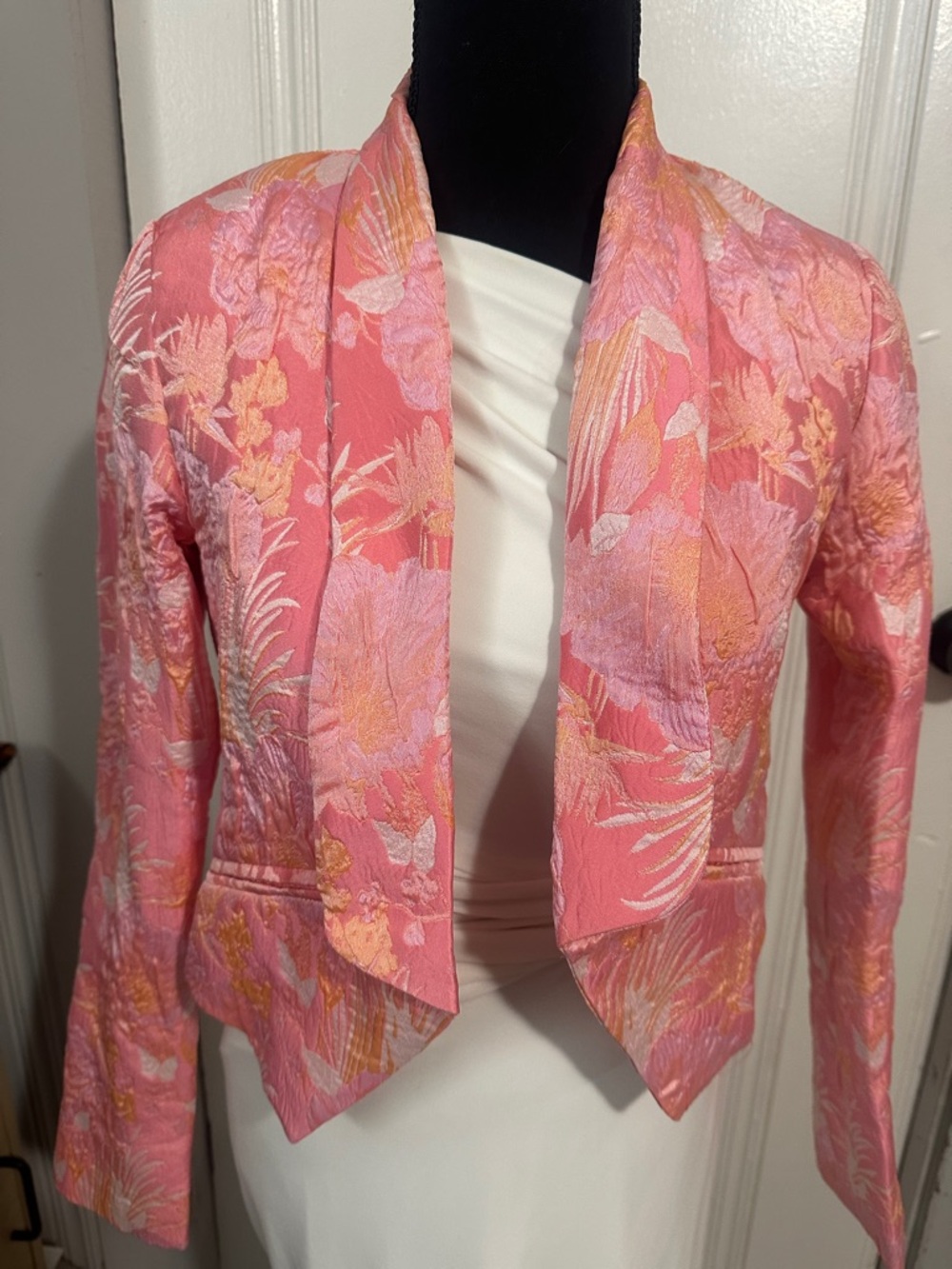 Women's Pink Floral Jacquard Draped Open-Front Blazer
